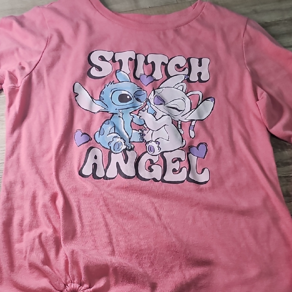 Disney Pink Long Sleeve Tee with Stitch and Angel Design